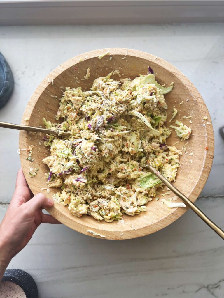 Big mixing bowl of pickle de gallo chicken salad lillieeatsandtells.com