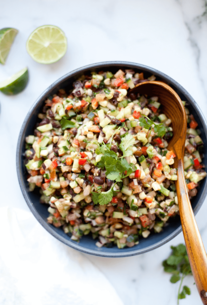 Macro-friendly cowboy caviar salad in a giant serving bowl