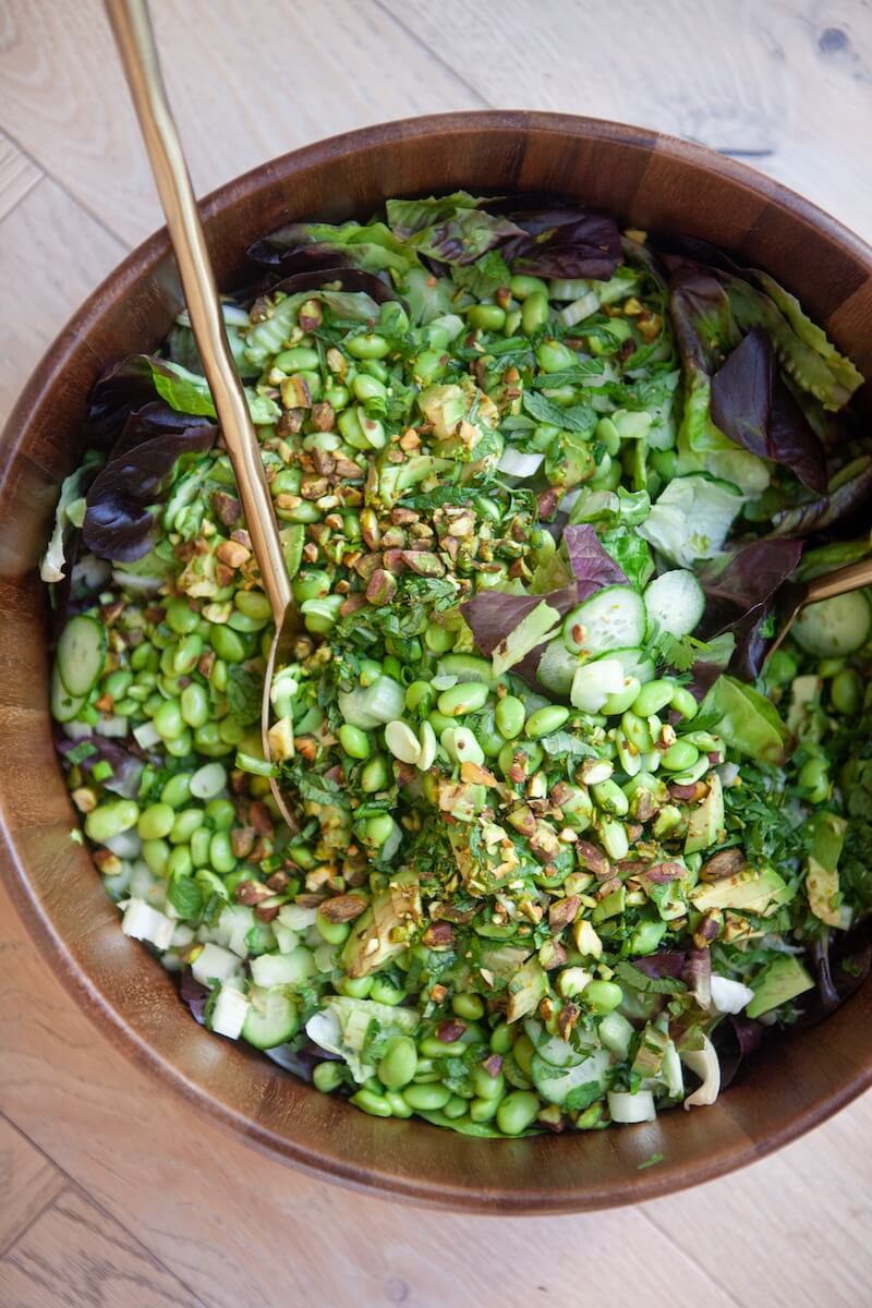 Super green salad is a large serving bowl.