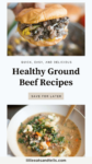 Ground beef philly skillet sandwich on top with bowl of beef and kale soup at the bottom.