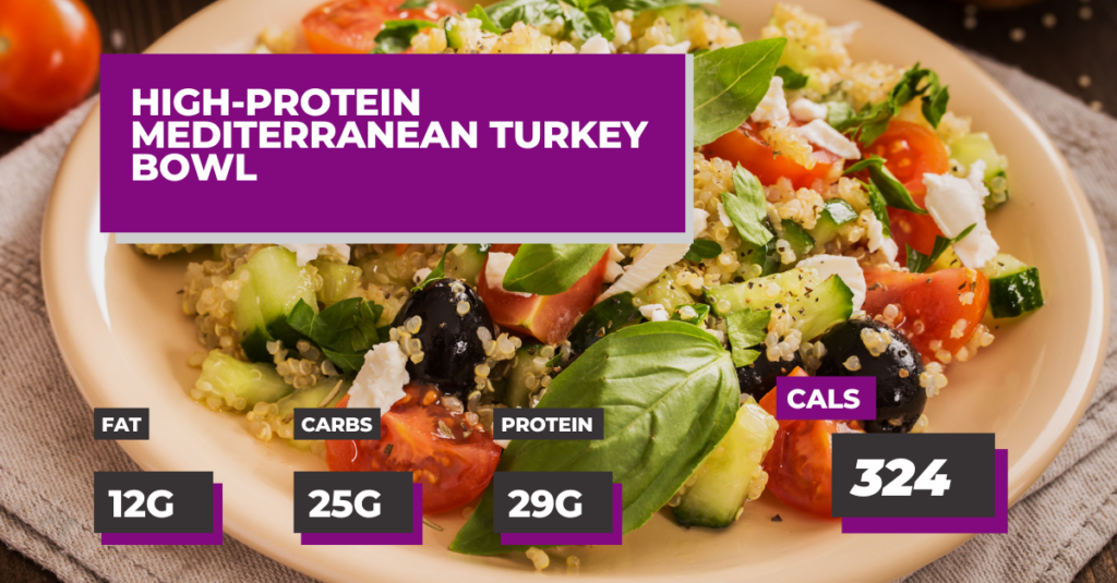 High Protein Mediterranean Turkey Bowl with quinoa, fresh cucumber, spinach, olives and feta cheese
