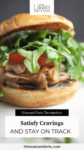 Close up of a shaved pork tenderloin sandwich on a toasted bun with text overlay, "Shaved Pork Tenderloin: Satisfy Cravings and Stay on Track."