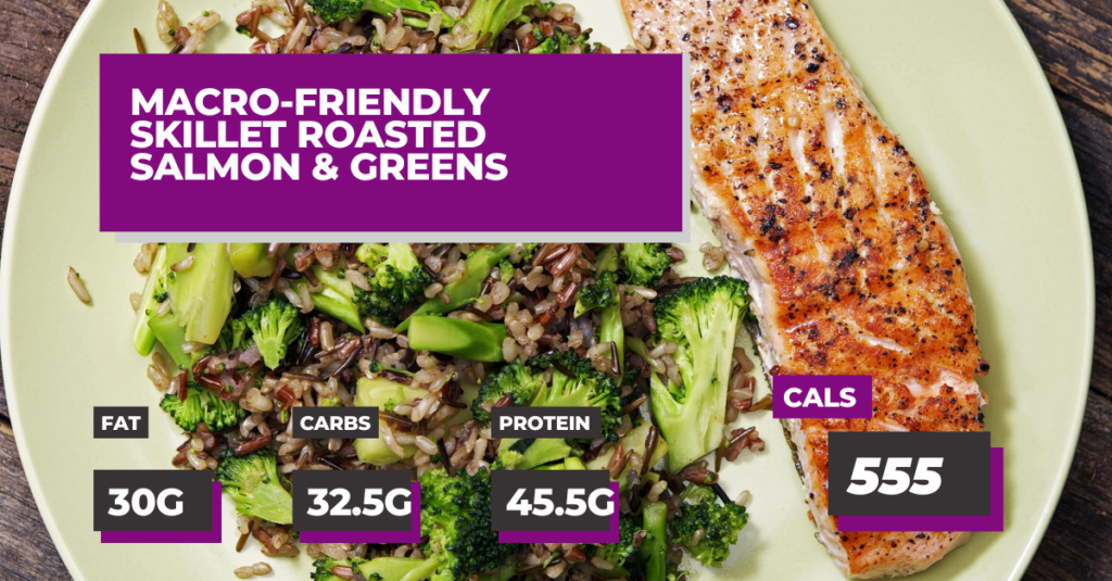 Macro-Friendly Skillet Roasted Salmon & Greens on a plate