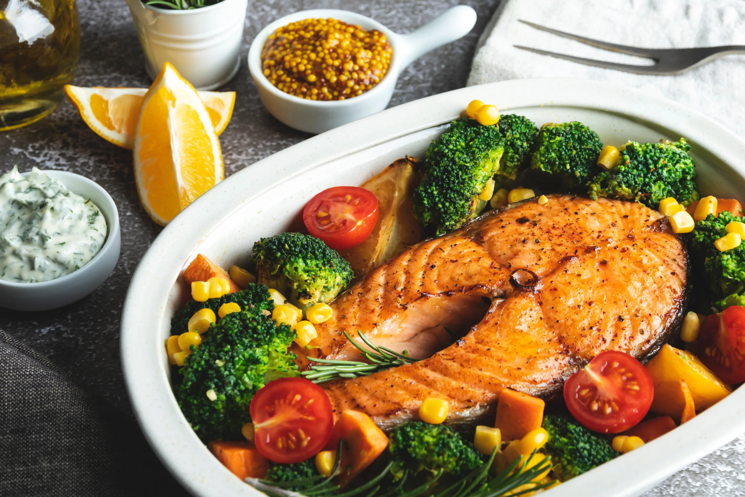 Skillet Roasted Salmon and Greens Recipe, Fat: 27g, Carbs: 32.5g, Protein: 45.5g, Calories 555