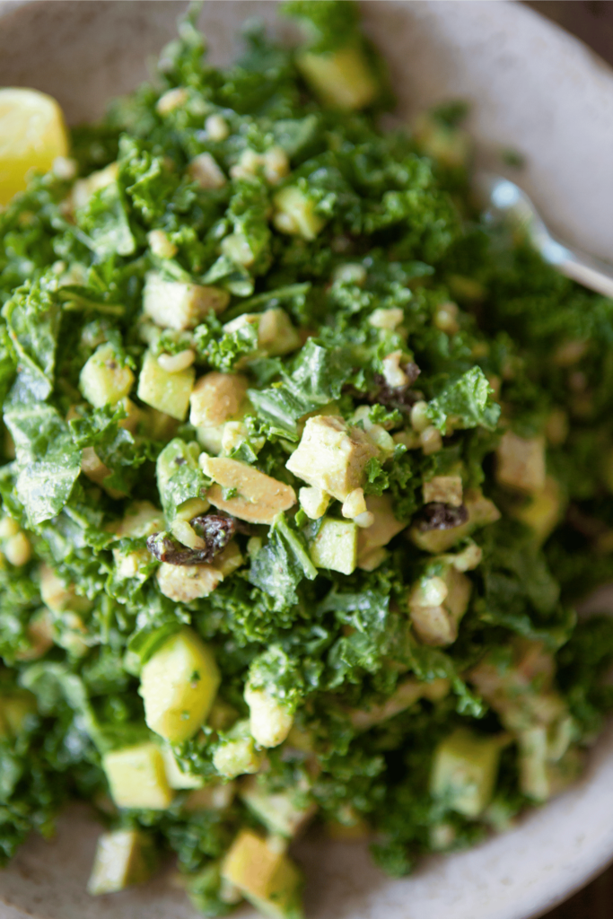 Close up of Wild Rice and Kale Salad with dried cranberries and toasted almonds.