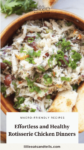 Close up of a Waldorf Salad with text overlay, "Effortless and Healthy Rotisserie Chicken Dinners."