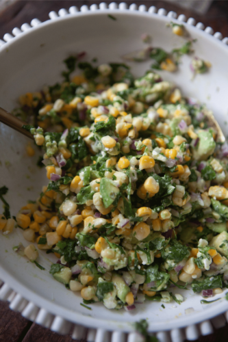 Close up of corn avocado salad.