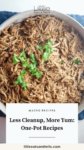 Close up of shredded pork with text overlay, "Less Cleanup, More Yum_ One-Pot Recipes."