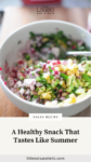 Close up of pineapple radish salsa with text overlay, "Healthy Snack That Tastes Like A Healthy Snack That Tastes Like Summer."