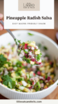 A spoonful of pineapple radish salsa with red onions and text overlay, "Pineapple Radish Salsa."