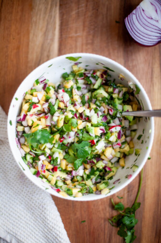 Bowl of pineapple radish salsa on a table with red onion and cilantro on the side.