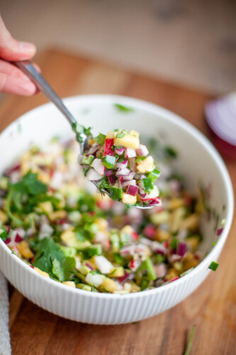 A spoonful of pineapple radish salsa.