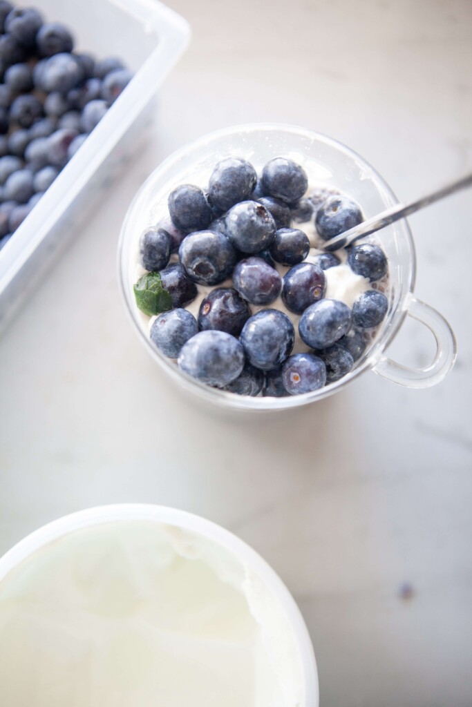 Blueberry protein chia pudding with blueberries on top.