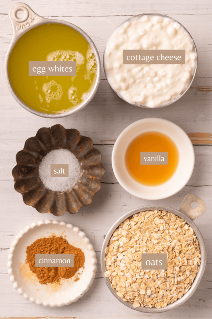 Labeled ingredients for cottage cheese pancakes.