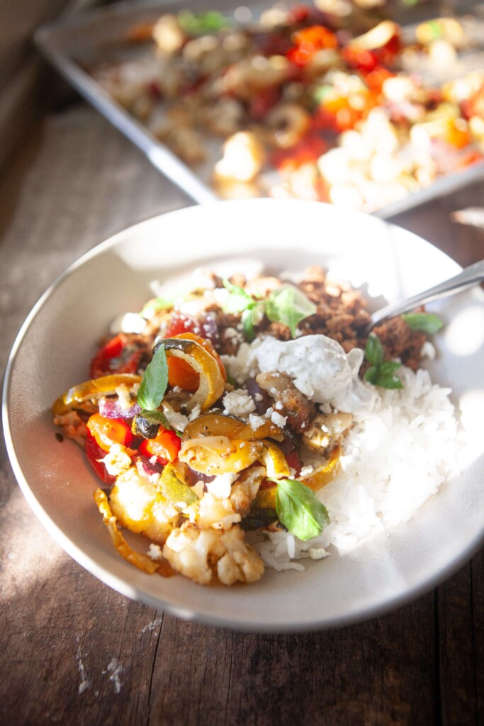 Veggie rice bowl with rice and protein in bowl.