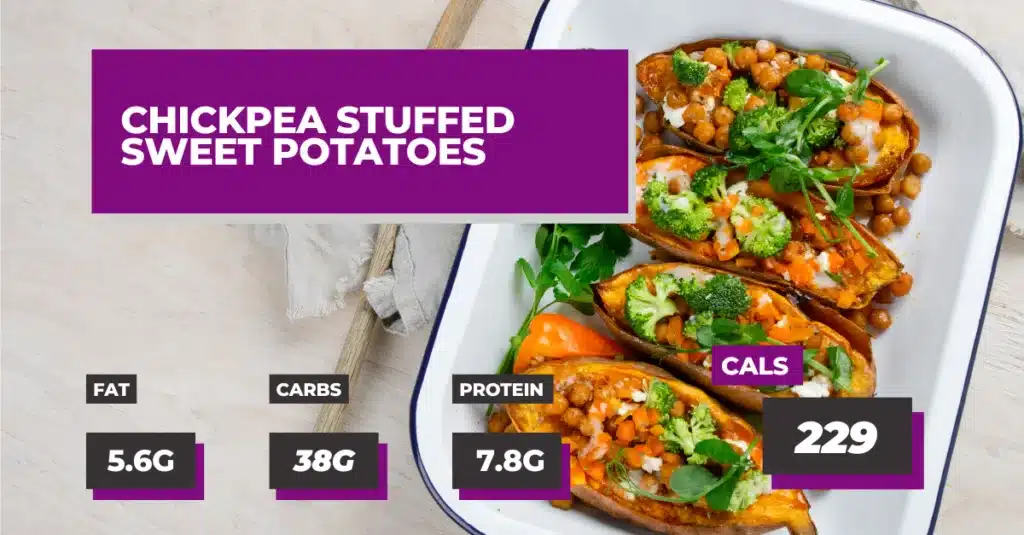 Chickpea Stuffed Sweet Potatoes - 229 calories, 7.8g protein, 38g carbs and 5.6g fat