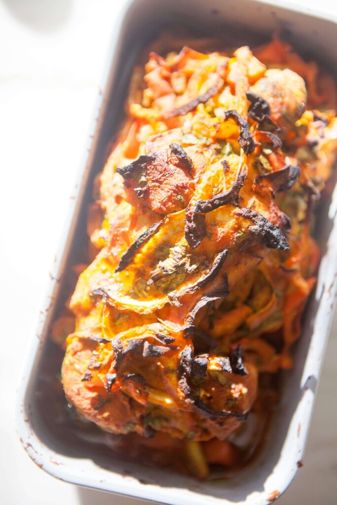 chicken shawarma baked in loaf pan.