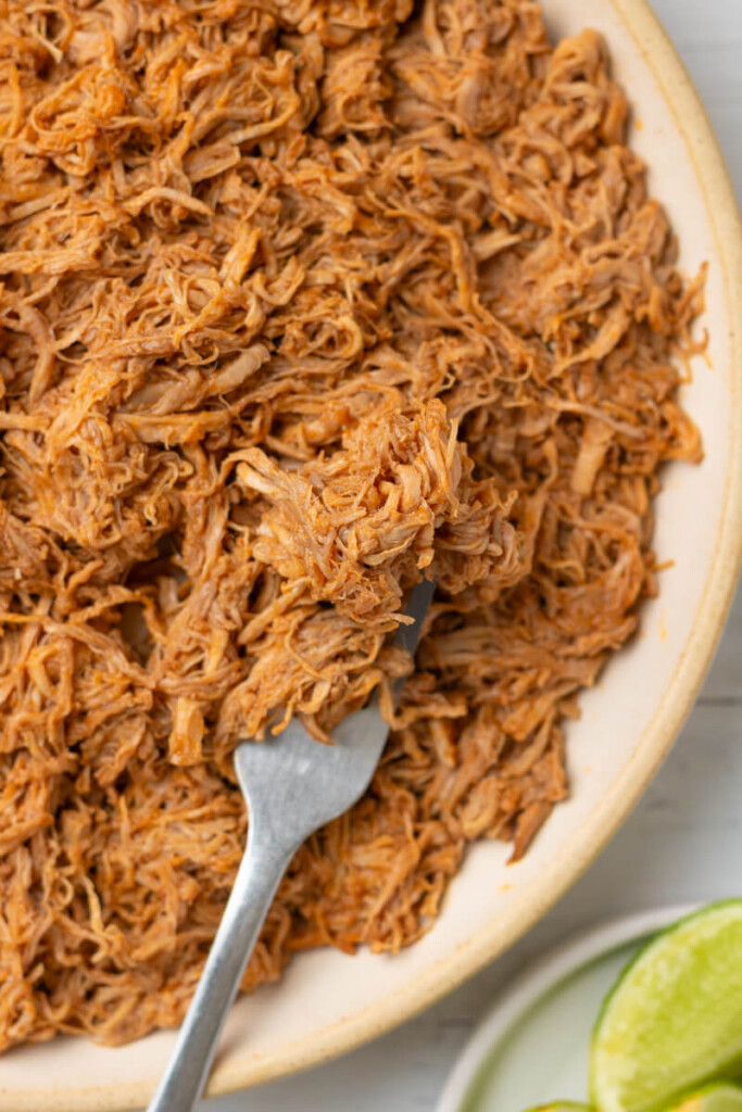 Red enchilada shredded pork on plate with fork.
