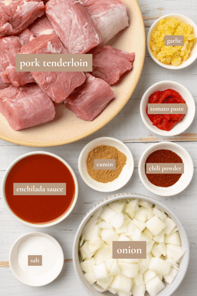 Labeled ingredients for red enchilada shredded pork.