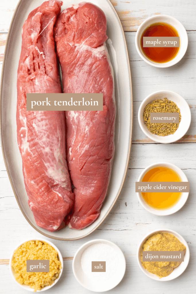 Labeled ingredients for rosemary garlic pork tenderloin.