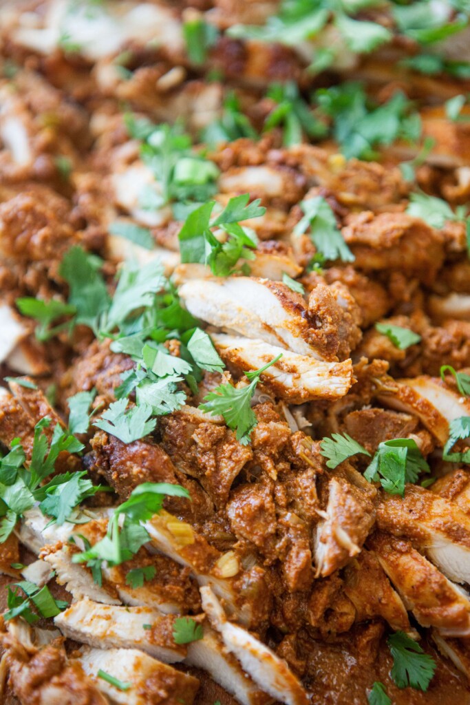 Chopped up mexican chicken thighs garnished with cilantro.
