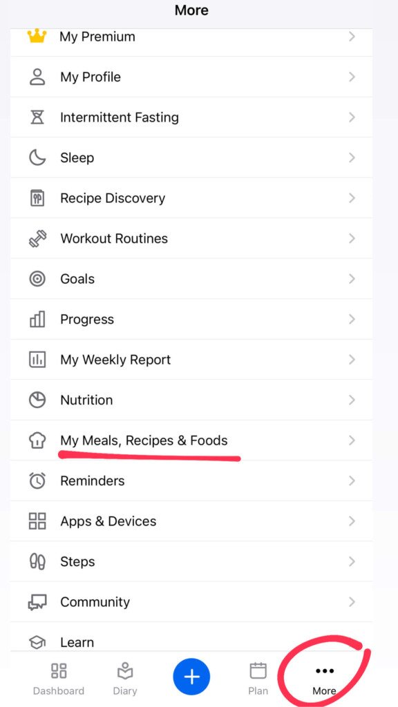 Finding where to create a recipe in MFP.