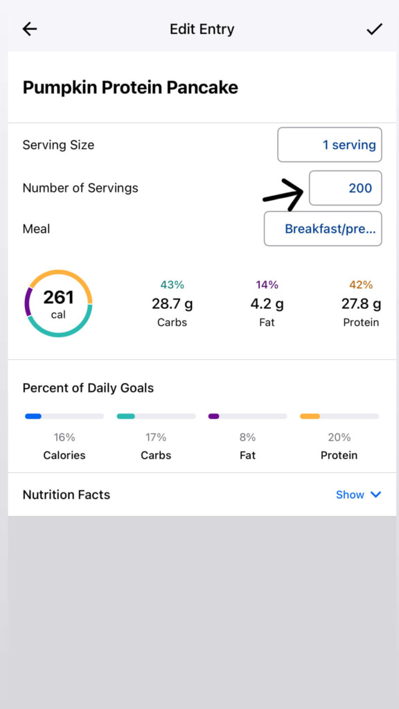 Adjusting the serving size to 200g of protein pancakes in MFP.