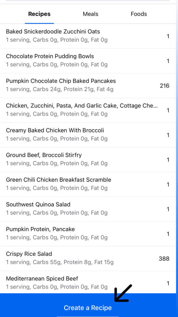 Hitting the create a recipe button in MFP.