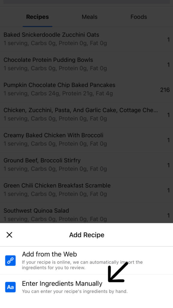 Selecting enter ingredients manually to create a recipe in MFP.
