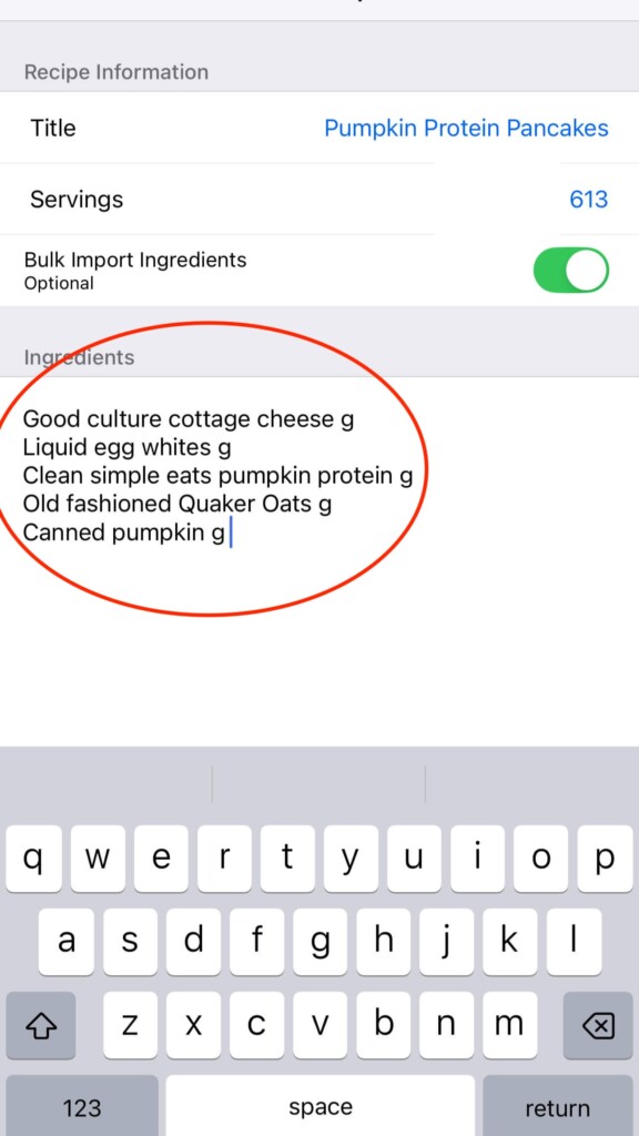 Bulk adding the ingredients to MFP to create recipe.