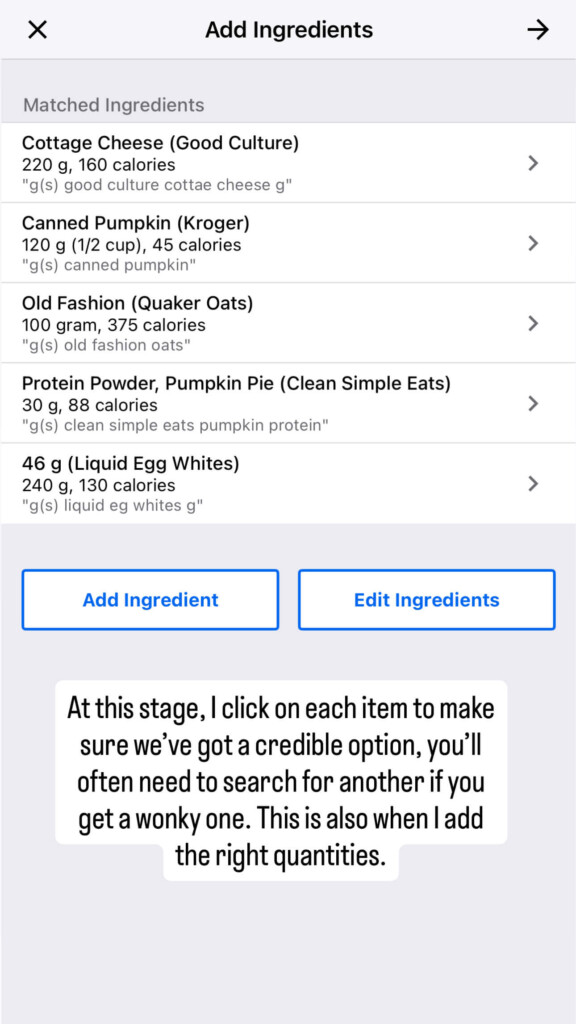 Reviewing the match ingredients and making sure they are accurate to create the recipe.