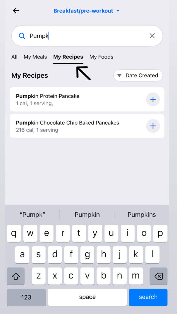 Searching for pumpkin protein pancakes in MFP.