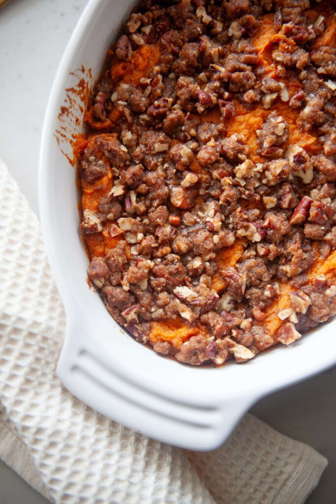 Sweet potato casserole baked in dish.