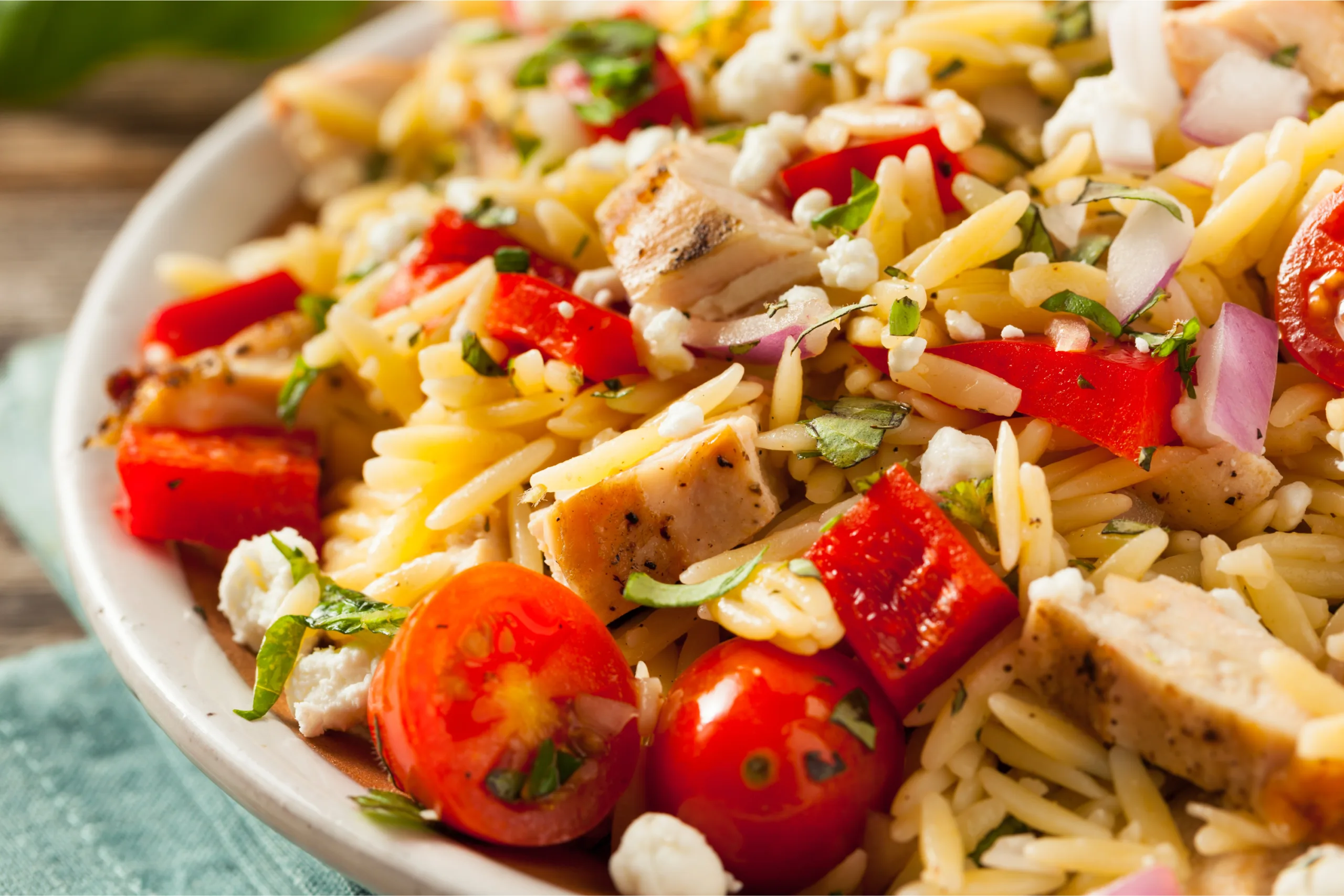 Greek Chicken and Orzo One-Pan Traybake, Fat: 29g, Carbs: 50g, Protein: 45g, Calories 635