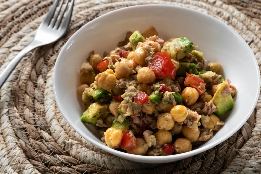 High Protein Greek Salad with Chickpeas and Tuna