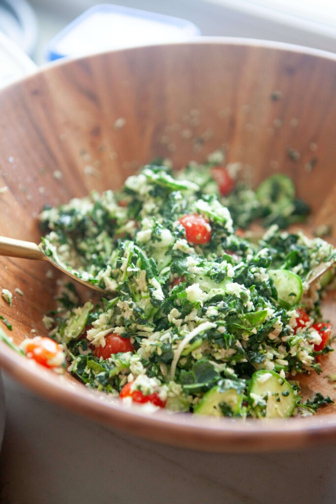 Greek chopped kale and lentil salad in a bowl.